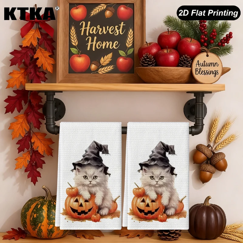 2Pcs Halloween Cat Pumpkin Kitchen Towels Absorbent Cleaning Cloth Winter Home Goods Christmas Gift Home Decor