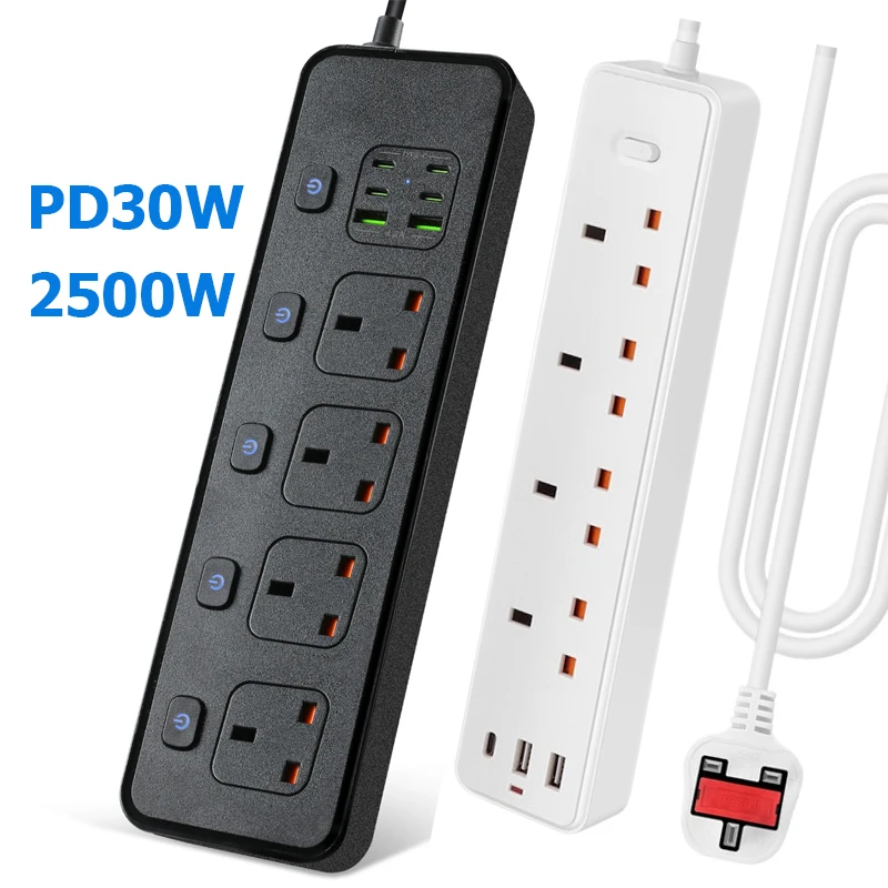 Listwa zasilająca Gniazdo elektryczne UK MY SG z 3USB TypeC PD30W 13A 2500W Przedłużacz zabezpieczający przed przeciążeniem Gniazda elektryczne 1,2m