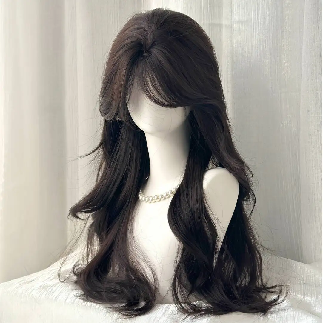 Parrucca femminile con frangia a otto caratteri, capelli lunghi ricci, forma del viso modificata per coprire i capelli bianchi, riedizione superiore, tipo di copricapo completo naturale
