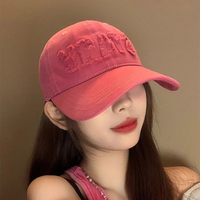 

New Sweet and Cool Pink Letter Baseball Cap Women's Versatile Face Small Hat Big Brim Japanese Embroidered Peaked Cap for Women