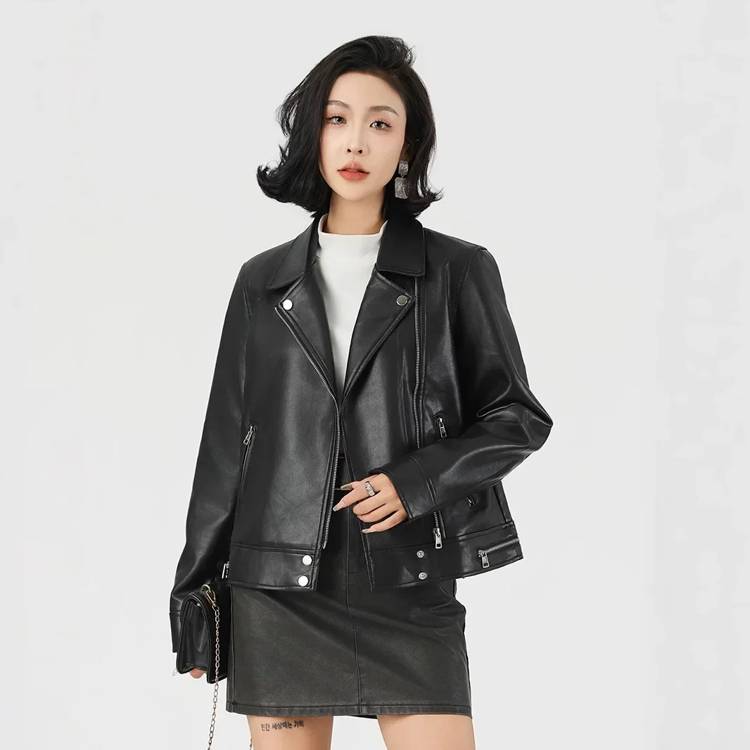 

Fall Hot Sale of The Season New Women's Short Suit Collar Biker Style Leather Jacket Full Sleeve Zipper Decoration