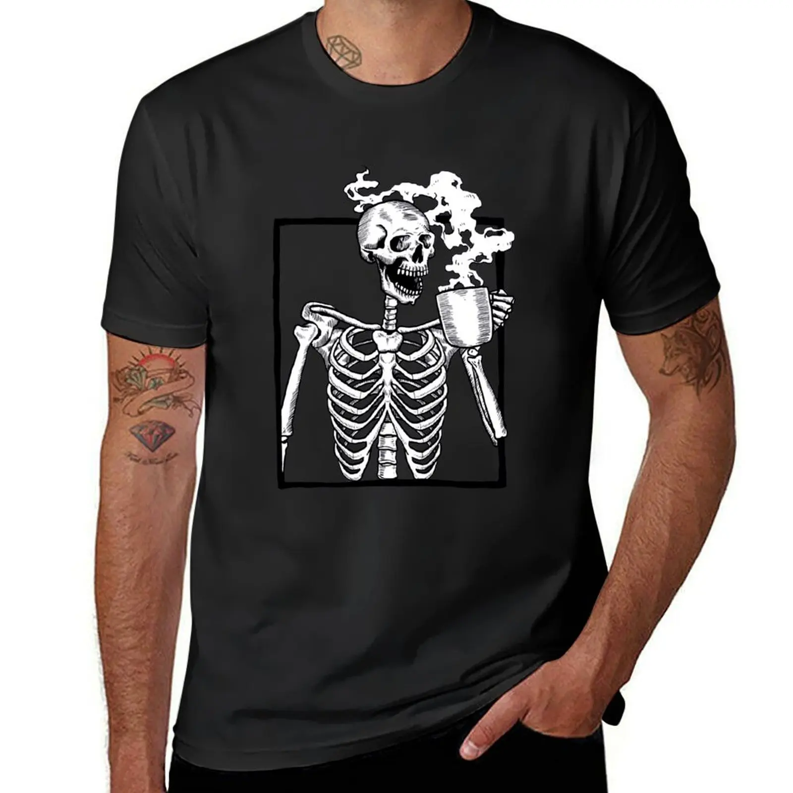 

halloween skeleton drinking coffee funny T-Shirt oversizeds hippie clothes t shirts for men cotton