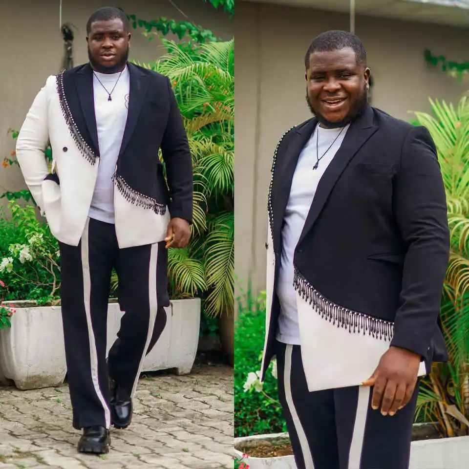

Designer's Patchwork Styles Men Suit 2 Pcs Jacket Pants Tassel Wedding Groom Tuxedos Male Prom Blazers Customized Plus Size