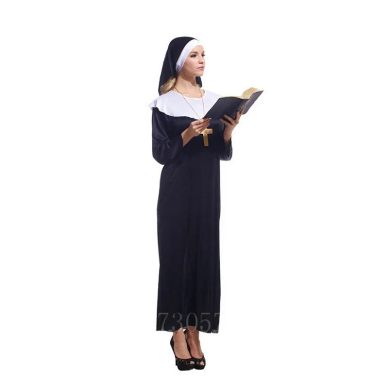 Virgin Mary Nuns Costumes Woman Halloween Cosplay Christian Religion Monk Robes Stage Performance Priestess Dress Scarf