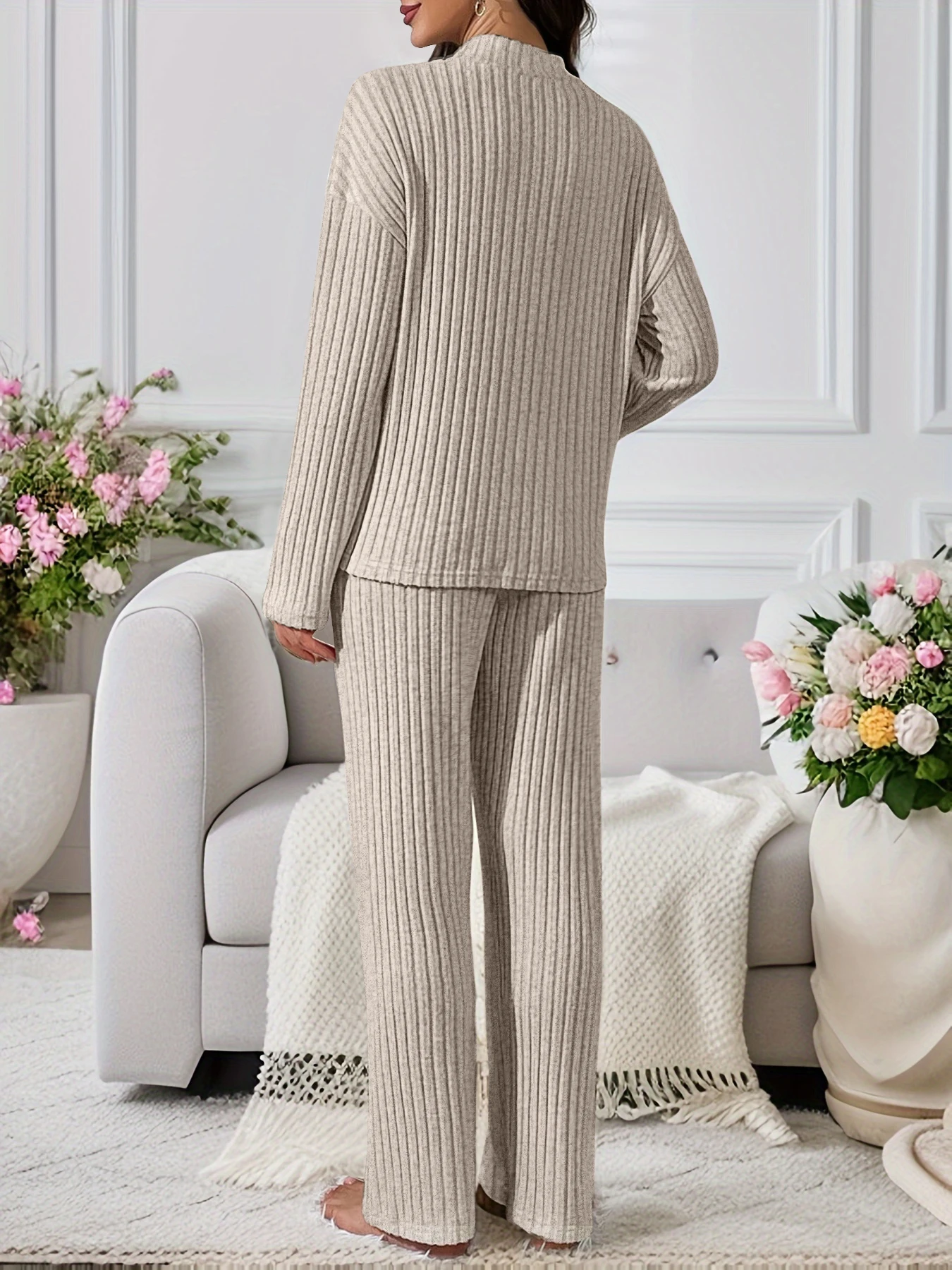 A new set of knitted pit strip all-in-one home casual outfit-slim stand collar long sleeved loose wide leg trousers