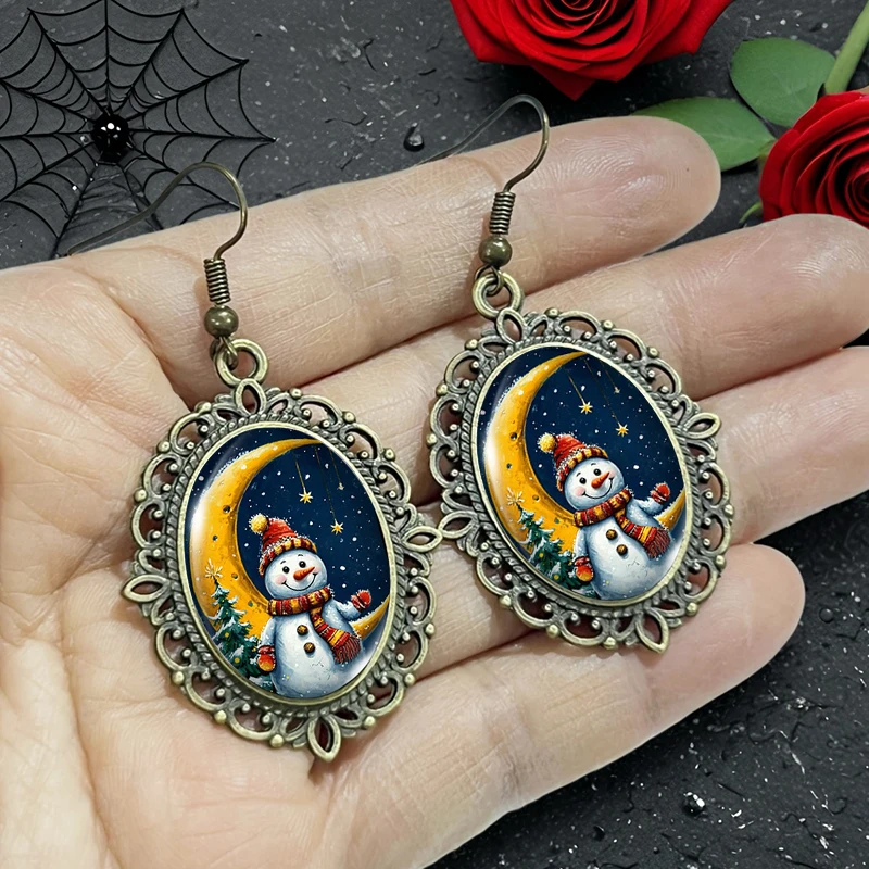 لطيف ثلج وكريسنت صورة البيضاوي الزجاج كابوشون زهرة على شكل خطاف الصيد أقراط الهدايا اليدوية