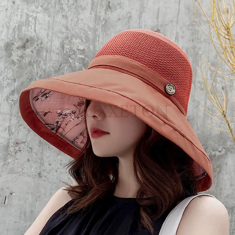 Summer Big Wide Brim Flower Sun Hat for Women Mesh UV Protection Beach Hat Female Net Foldable Sun Hats Lady\'s Bucket Hat