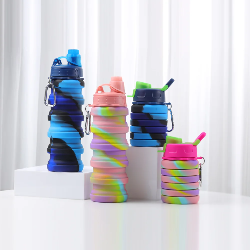 

500ml Silicone Collapsible Water Bottles Portable Foldable Sports Cups with Carabiner Leak Proof for Outdoor Travel