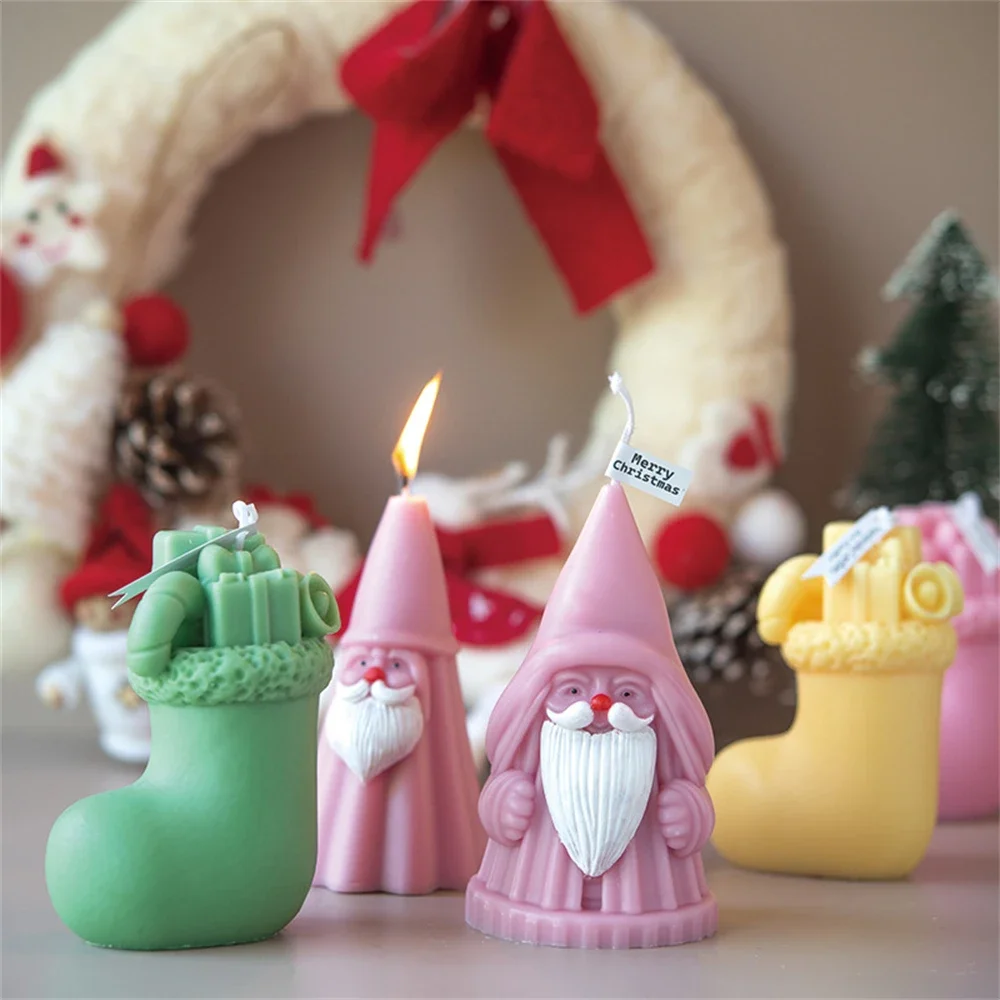 Christmas Santa Claus Candle Molds Home Decoration Dwarf Holds Xmas Tree Snowflake Gypsum Plaster Mould Craft Art Silicone Mold