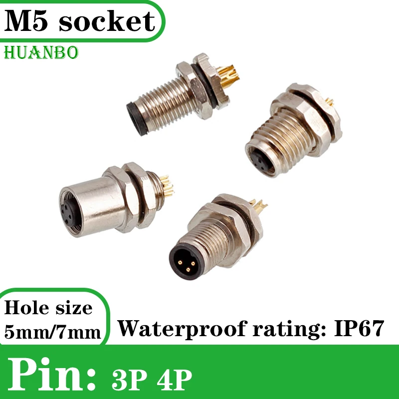 

M5 connector 3Pin 4pin board front mounting board rear PCB, industrial, new energy, male and female hole waterproof socket