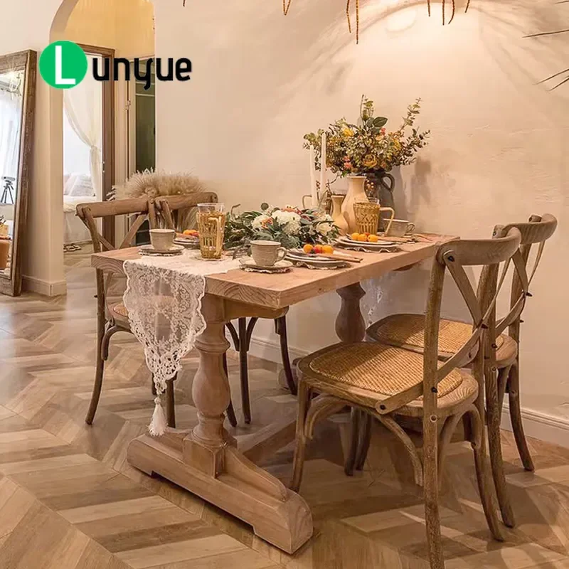 Retro Roman Style Dining Table Antique Wood Finish with Imitation Old Pillars Vintage Farmhouse Kitchen Furniture Sturdy