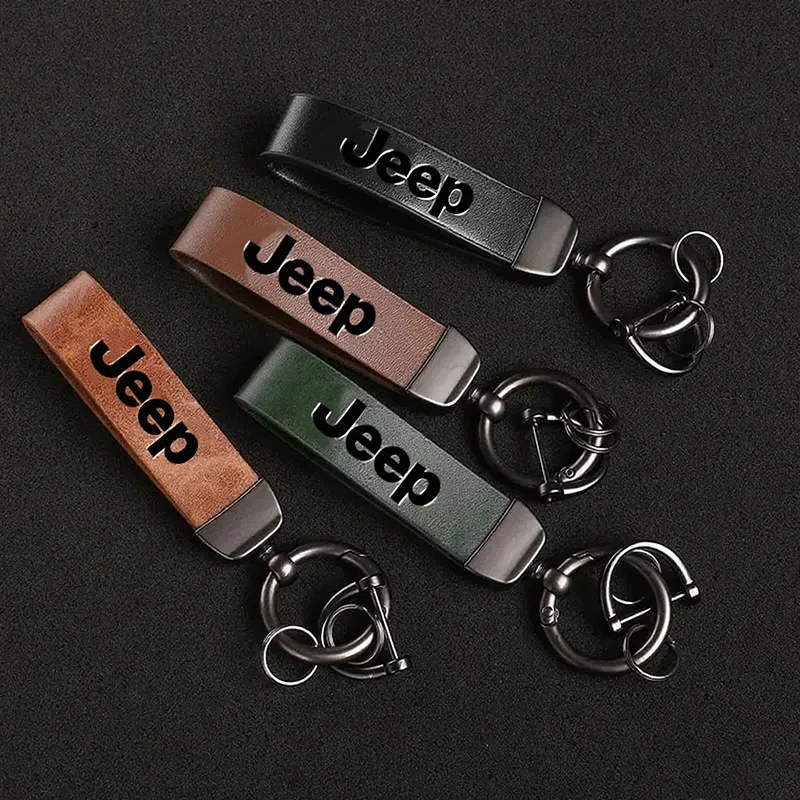 Image of Auto Vintage Leder Schlüsselanhänger Ring Zinklegierung Kette Schlüssel für Jeep Wrangler Grand Cherokee Compass Wagoneer Gladiator Avenger JK