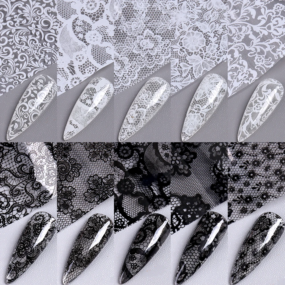 10pcs/set Black and White Lace-Pattern Nail Art Transfer Foil – Floral and Mesh Design for Salon or DIY Use