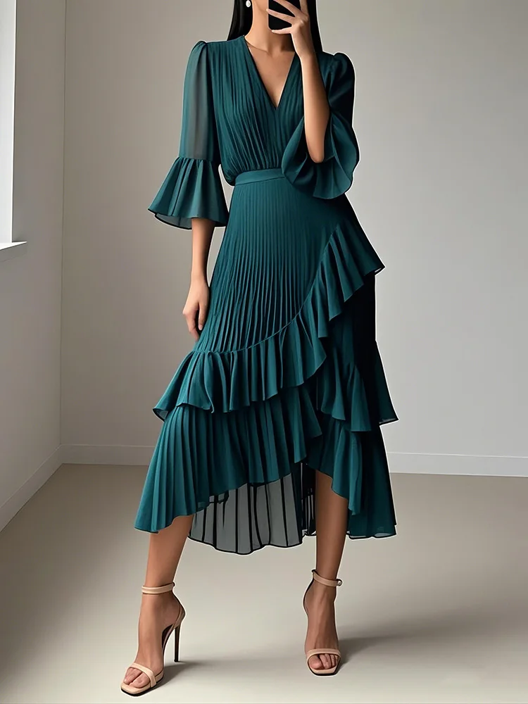 

Women Autumn Dress Summer New European American V-neck Ruffle Long Irregular Pleated Tiered Dress Maxi Vestidos Female DS349