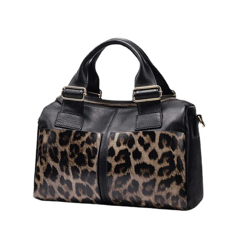 New Fashion Leopard Women Handbags Genuine Leather Shoulder Bags Female Brand Luxury Real Natural Leather Crossbody Boston Bag