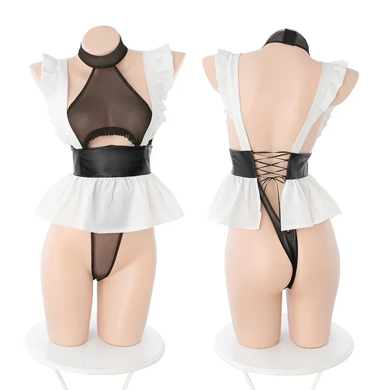 Porn Maid Outfit Cosplay Women Sexy Lingerie Erotic Perspective Crotchless Bodysuit with Headband Set Japanese Maid Costumes