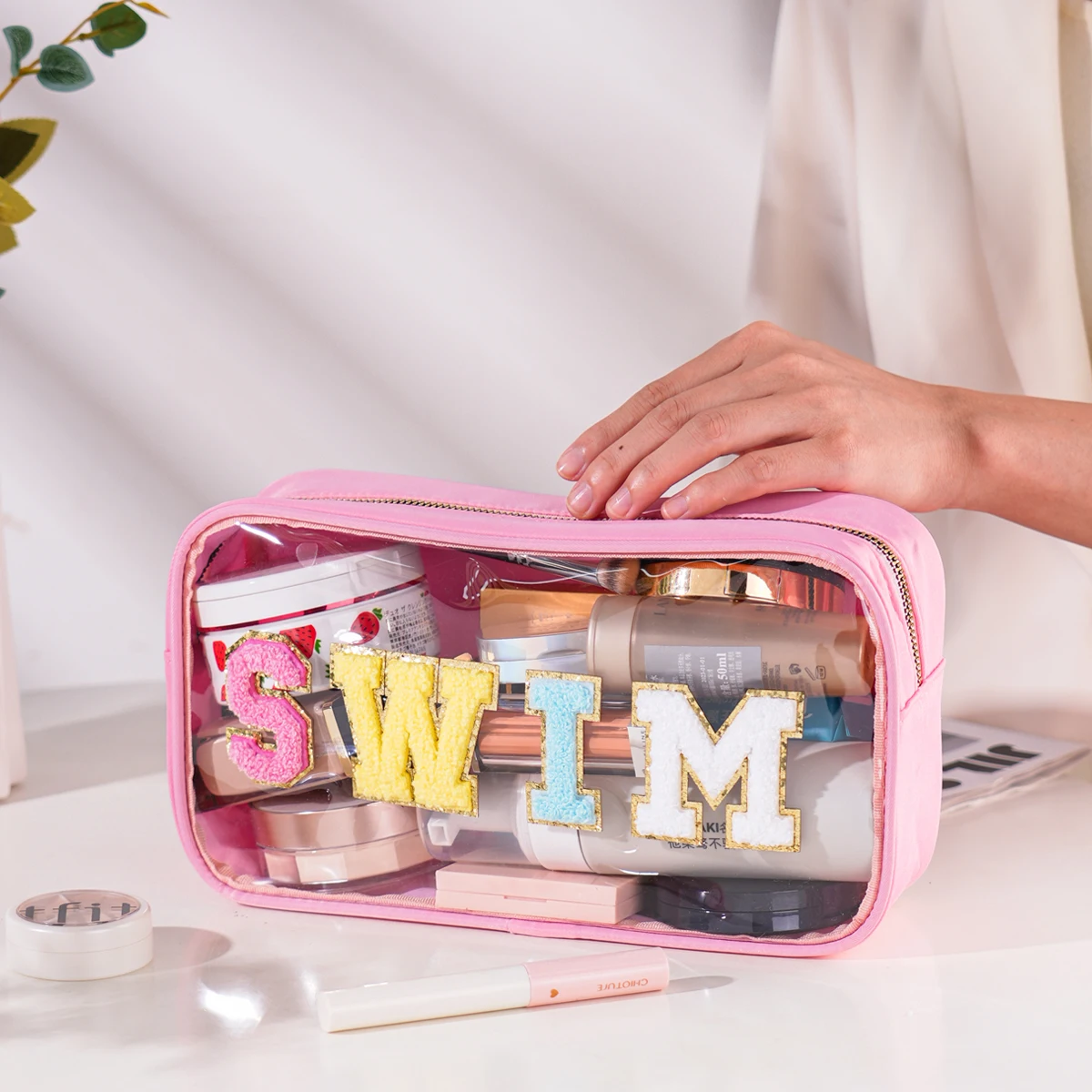 Women Girls Nylon Waterproof Glitter Chenille Letter Clear Patch Makeup Cosmetic Bag Travel Storage Pouch for Swim Beach