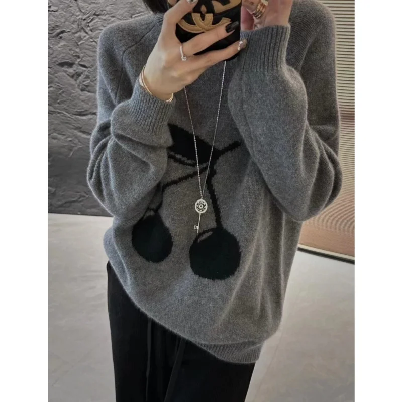 Autumn Winter New Sweater 100% Wool Women\'s Clothing Fashion Embroidery Round Neck Knitted Pullover Casual Loose Korean Tops