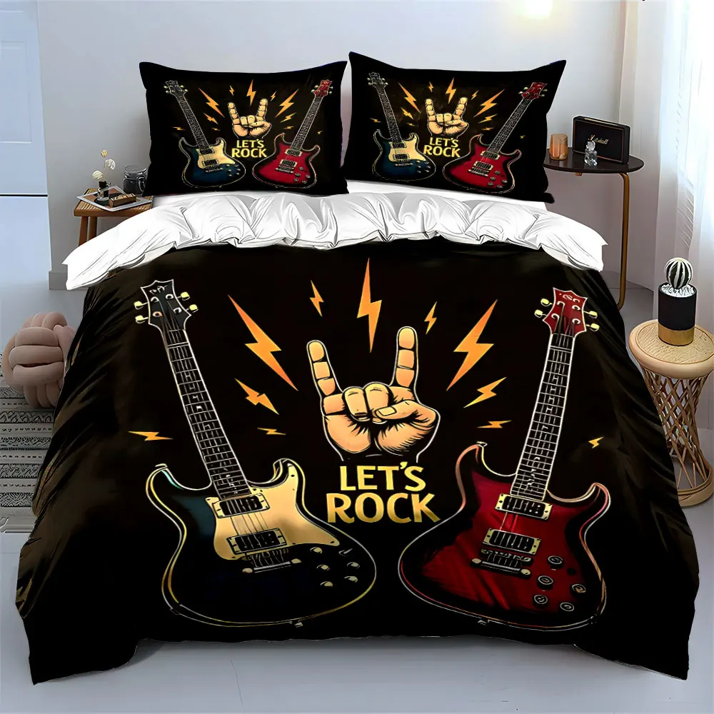 Rock guitars and devil gesture Print Bedding Set 1 Duvet Cover 2 Pillowcases for Adult and Children Luxury Gift Full Size