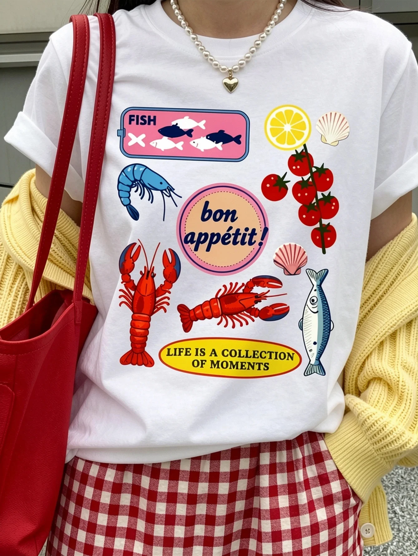 Chic Lobster Print Tee Top Womens Summer Casual Slender Crewneck Short Sleeve Blouse  Creative Shrimp Lemon Food Illustration