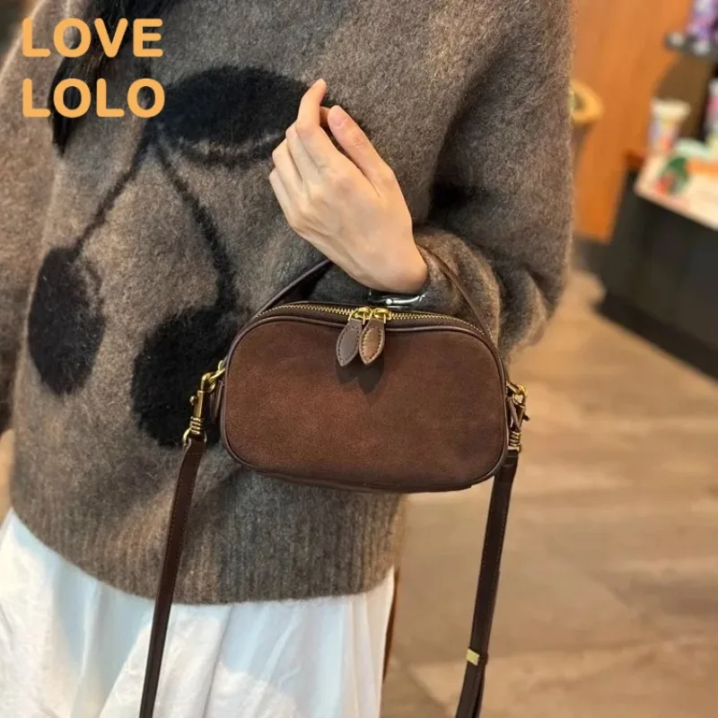 

Genuine Cowhide Suede Leather Mini Shoulder Bag for Women, Retro Versatile Crossbody Bag Small Top Handle Purse Fashion Handbag