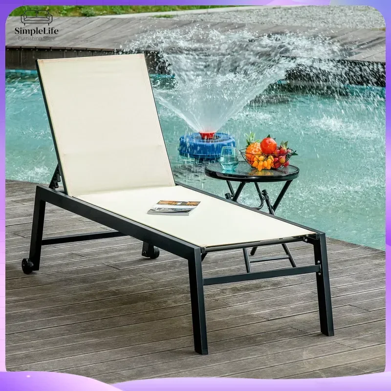 Cream White Outdoor Lounge Chair with 5-Position Reclining Back Patio Deck Chair 2 Wheels for Poolside Beach Lawn Garden