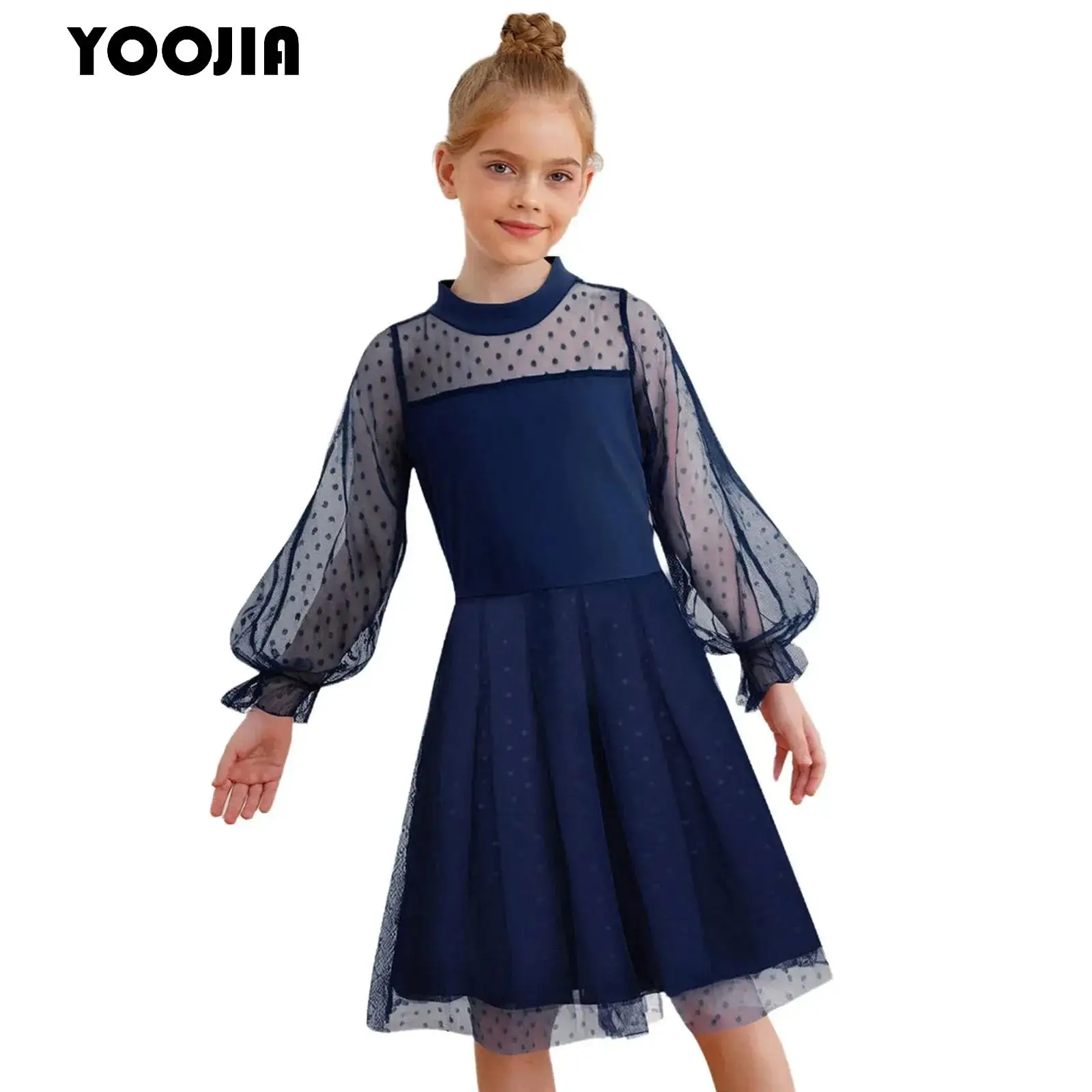 

Girl's Contrast Mesh Puff Long Sleeve High Waist A Line Princess Skater Party Dress Dots Sheer Mesh Patchwork Summer Dress