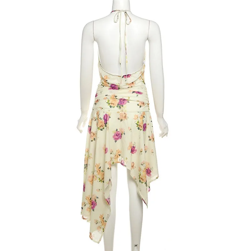 Sexy Backless Lace up Scollo a V Appeso al collo Abiti con stampa floreale Abiti estivi da donna Nuovo mini abito skinny a vita alta con orlo irregolare