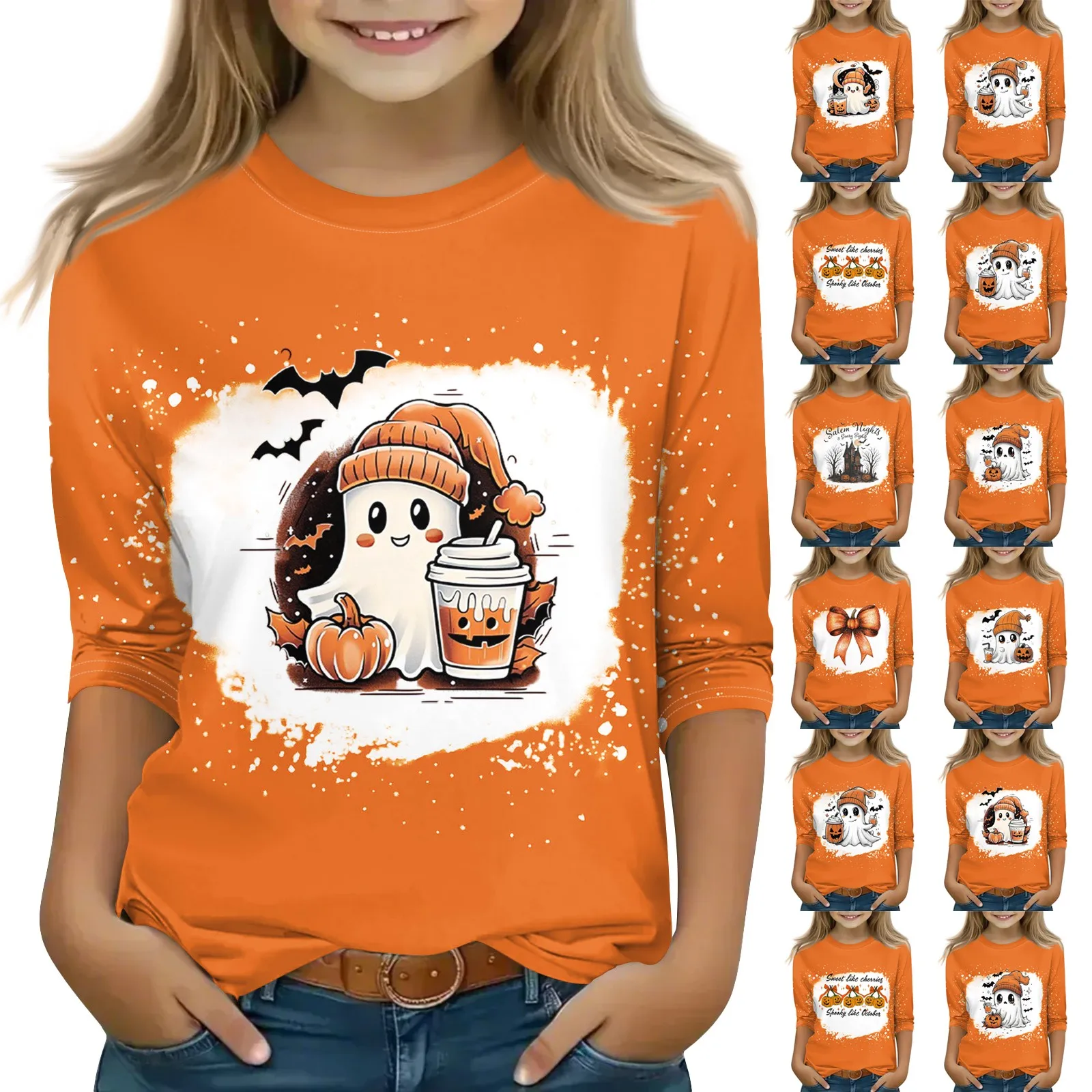 

New Halloween Theme Print T-shirt Youth Girl High Quality Three-quarter Sleeve Round Neck Tops Children Festival Birthday Gift