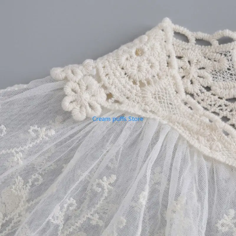 50LE Embroidery Floral Lace Pleated Capelet Women Summer Lace-Up False Collar Shawl