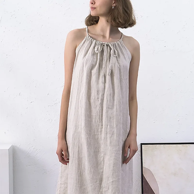 Summer Linen Strapless Halter Dress Women's Bandage Front And Back Wear Chic Elegant Casual Long Dresses Female Clothing