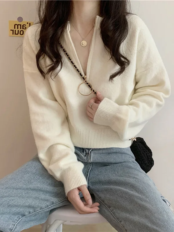 

Women's Zipper Sweater Autumn Winter Lazy Sle Design Unique Base irt Knitted Top Soft Loose Fit Regular Sve Long
