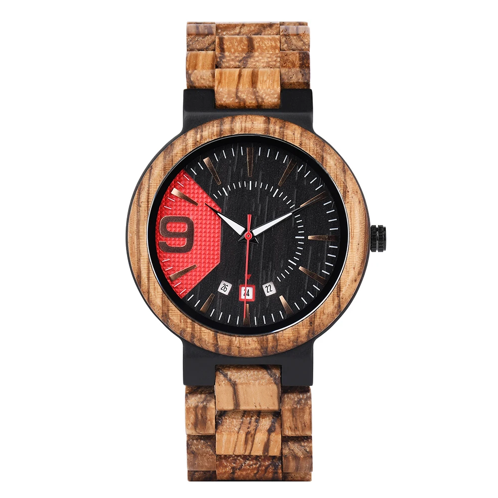 

Natural Zebra Wood Quartz Watch Smooth Body Luminous Pointers Calendar Minimalist Wristwatch