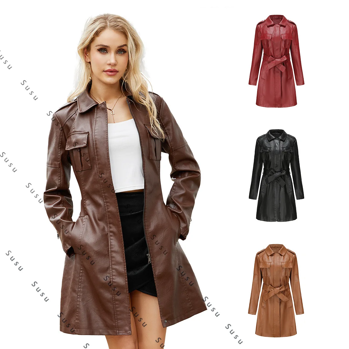 

2025 новая европейская и американская средняя и длинная кожаная куртка с поясом, весенне-осенний кожаный плащ с длинными рукавами, модный