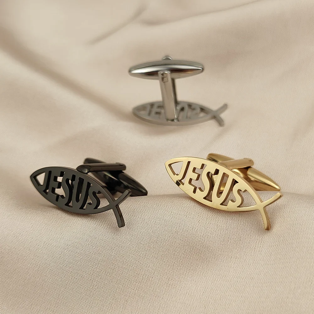 Man Cufflinks Stainless Steel Hollow Fish Jesus Letter Buttons Cufflinks for Shirt Gold Plated Religious Jewelry Gifts for Dad