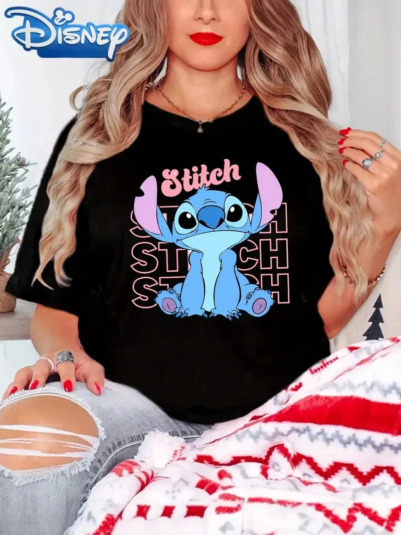 

2025 Disney Pattern Printed Women's Casual Comfortable Unique Smiling Face Black Round Neck Short Sleeve T-shirt