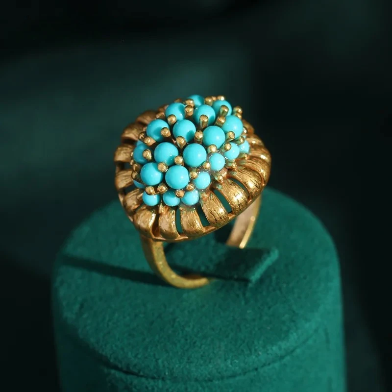 Retro 18K Gold Plated Adjustable Turquoise Cluster Ring Luxurious Fashion Rings Jewelry for Banquet & Daily Wear