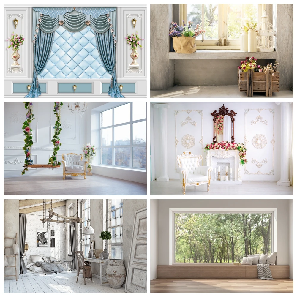 

Photo Backdrops Gray Chic Wall Swing Baby Armchair French Window Room Interior Photo Backgrounds Photocall Photo Studio