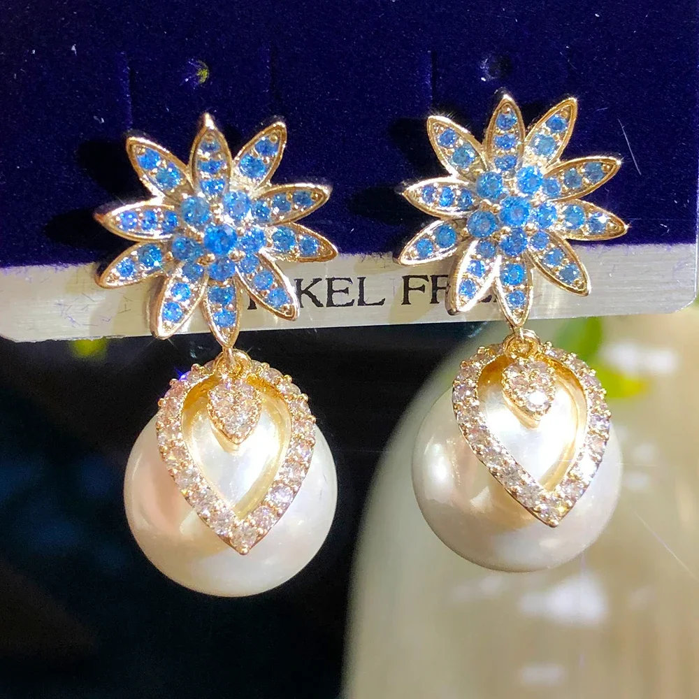 

KellyBola Luxury High Quality Flower Pearl Pendant Earrings CZ Love Zircon Bride Wedding Banquet Anniversary Daily Trend Jewelry