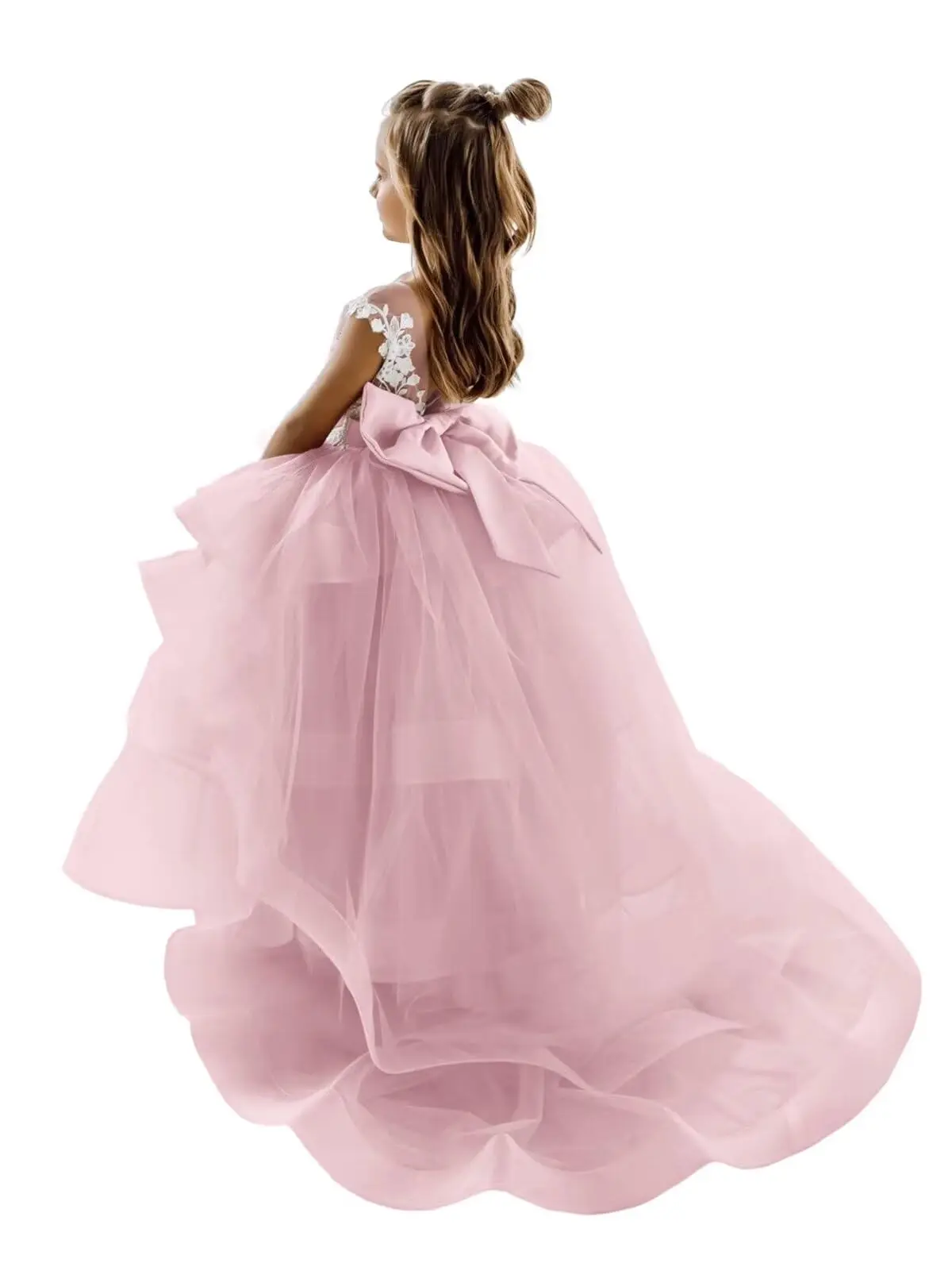 Vestido de niña de flores para boda, fiesta escalonada, vestido de desfile para niñas, apliques de encaje, tren, desfile de princesa, largo hasta el suelo, hinchado