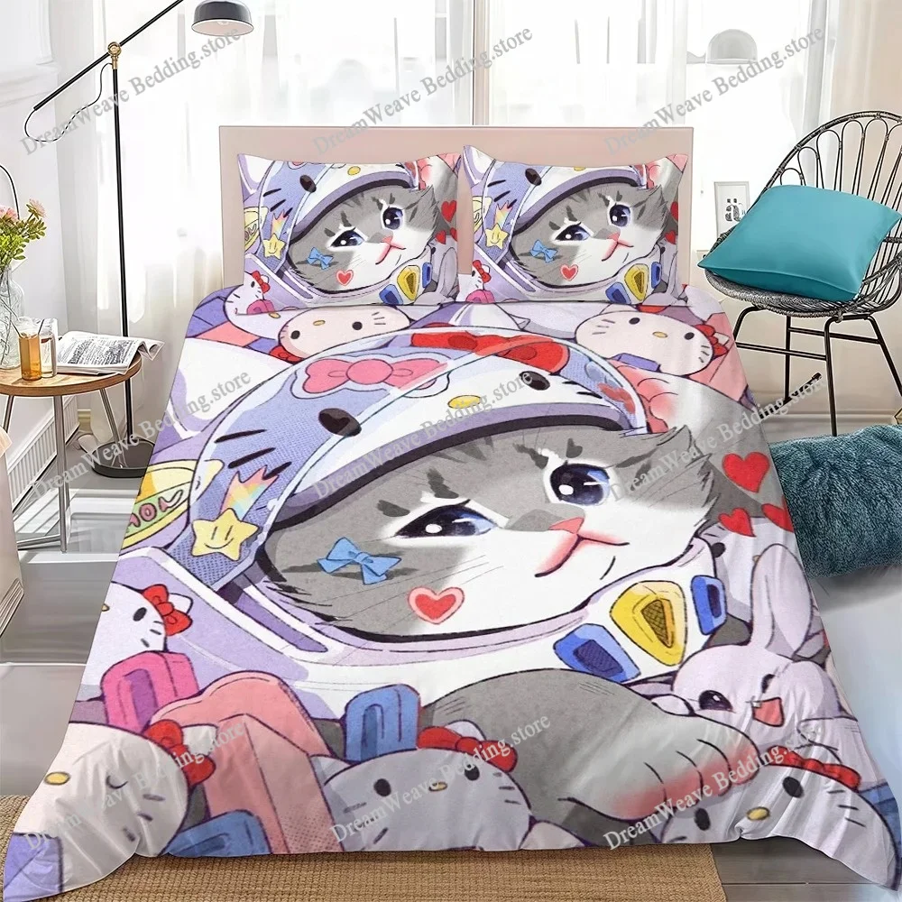 K-Kiera W-Won Lovely Cat Duvet Cover Set Home Style Bedding Soft Laundry Cotton Bed Student Dormitory Gift