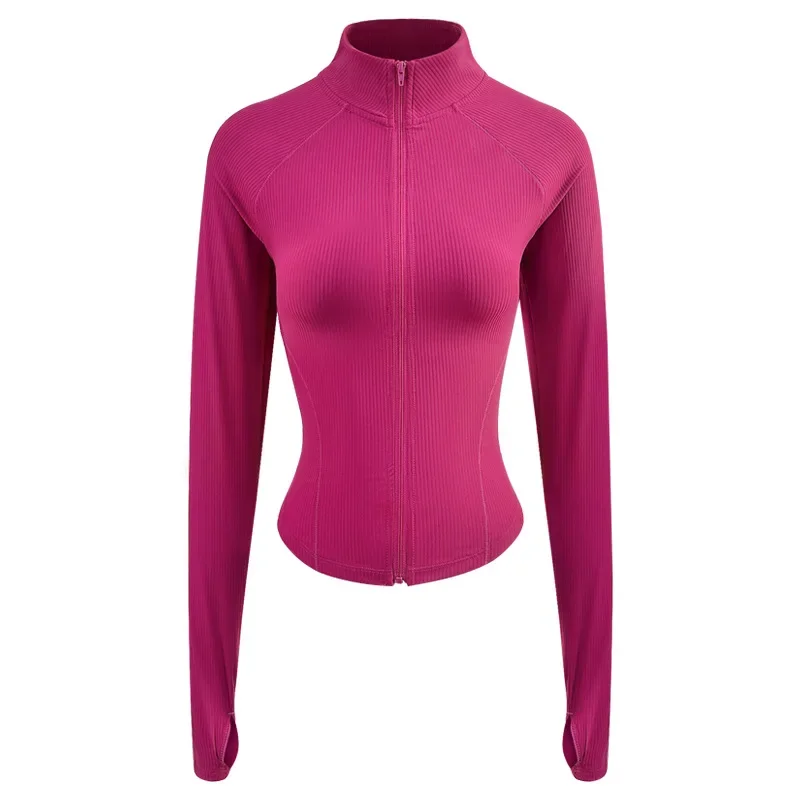 

2024 Long-sleeved Zipper Yoga Sports Crop Tops Slim Waisted Running Cycling Workout Jackets with Thumb Holes Women's Sportswear