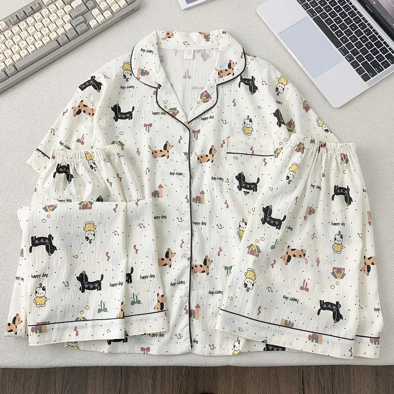 

Женский пижамный комплект из трех предметов с милым буквенным принтом собаки в горошек в стиле Харадзюку, кавайная пижама больших размеров с лацканами и воротником, новая домашняя одежда