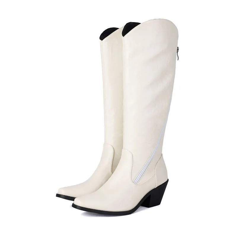 Cowboy Boots for Women White Black Knee High Cowgirl Boots with Diagonal zipper Square Toe Chunky Heels Botas Mujer WSH5215