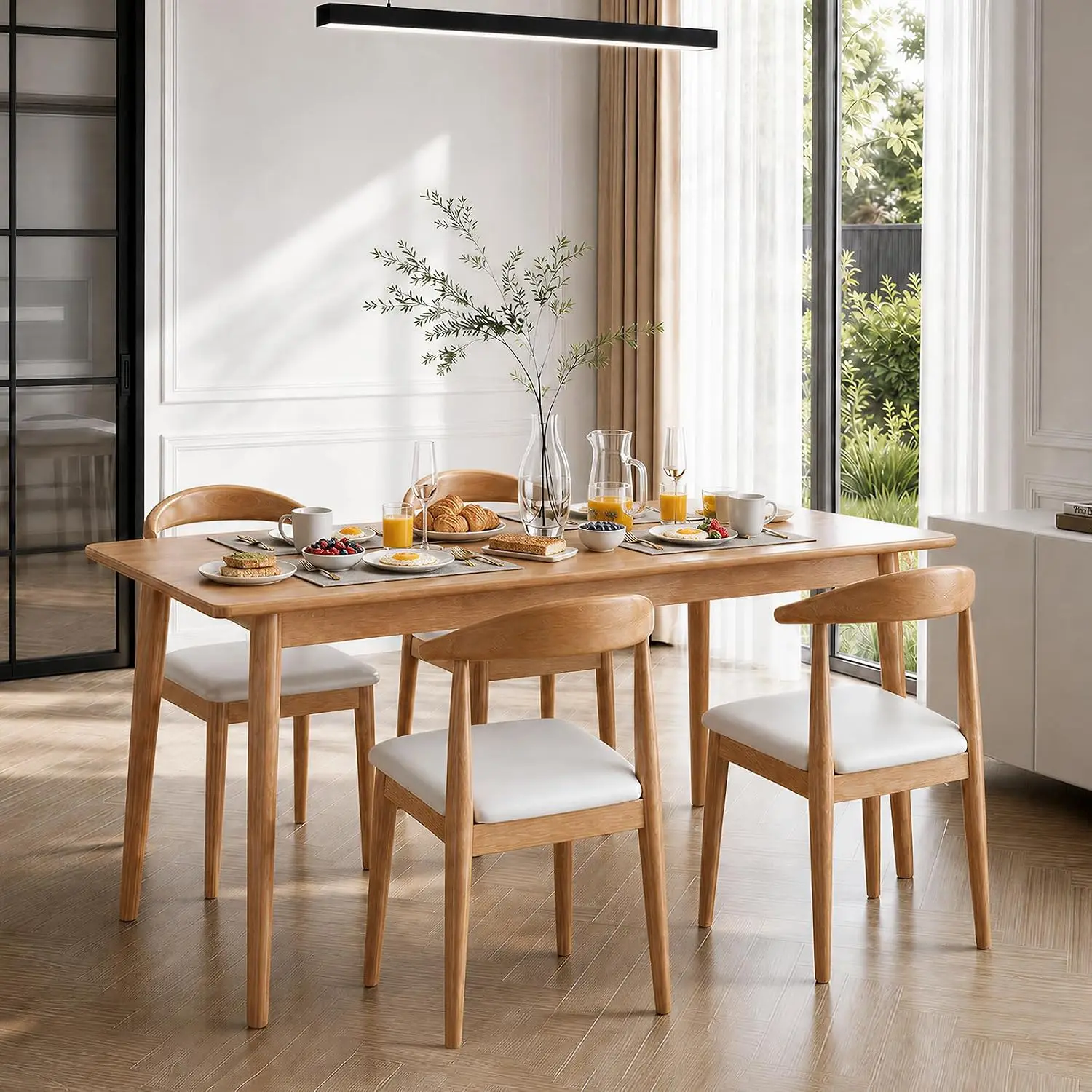 Solid Wood Dining Chairs Set of 4, Mid Century Modern Kitchen Chairs with Leather Upholstered Seat, Elegant Natural, Custom view 6