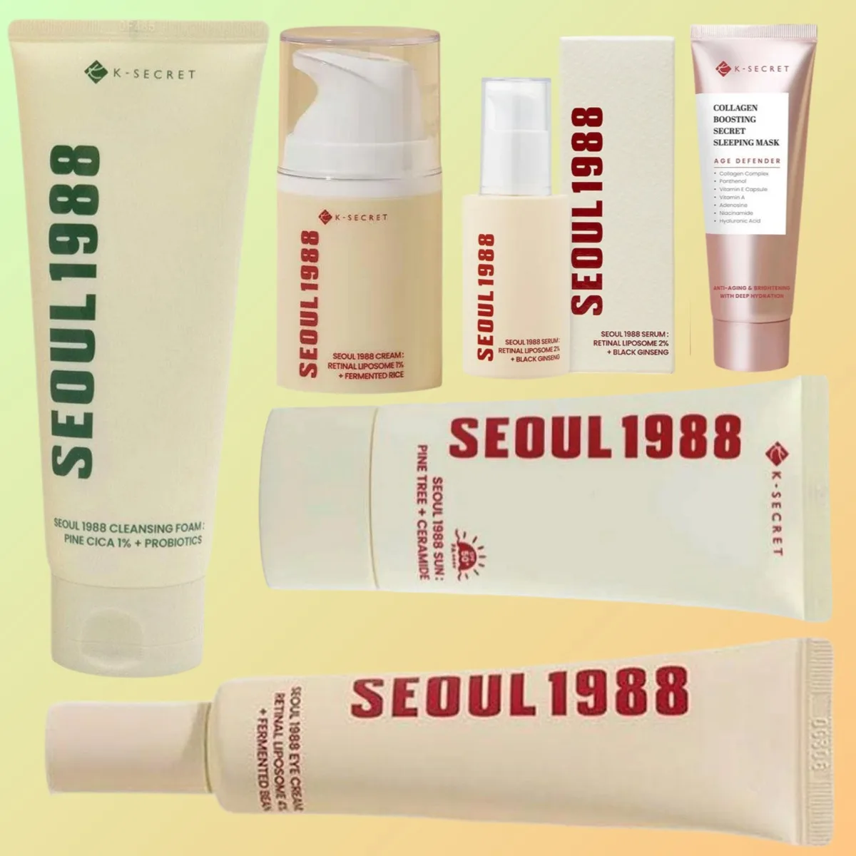 Crema Contorno de Ojos SEOUL 1988 para Atenuar Líneas Finas y Reafirmar, Crema Facial Calmante y Reparadora con Colágeno, Espuma Limpiadora con Centella Asiática