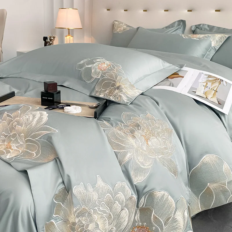 Bedspread Quilt Set Home Textile Bedding All Cotton Sateen Graceful Embroidery Style Satin Light Luxury 4-piece Fitted Sheet Set