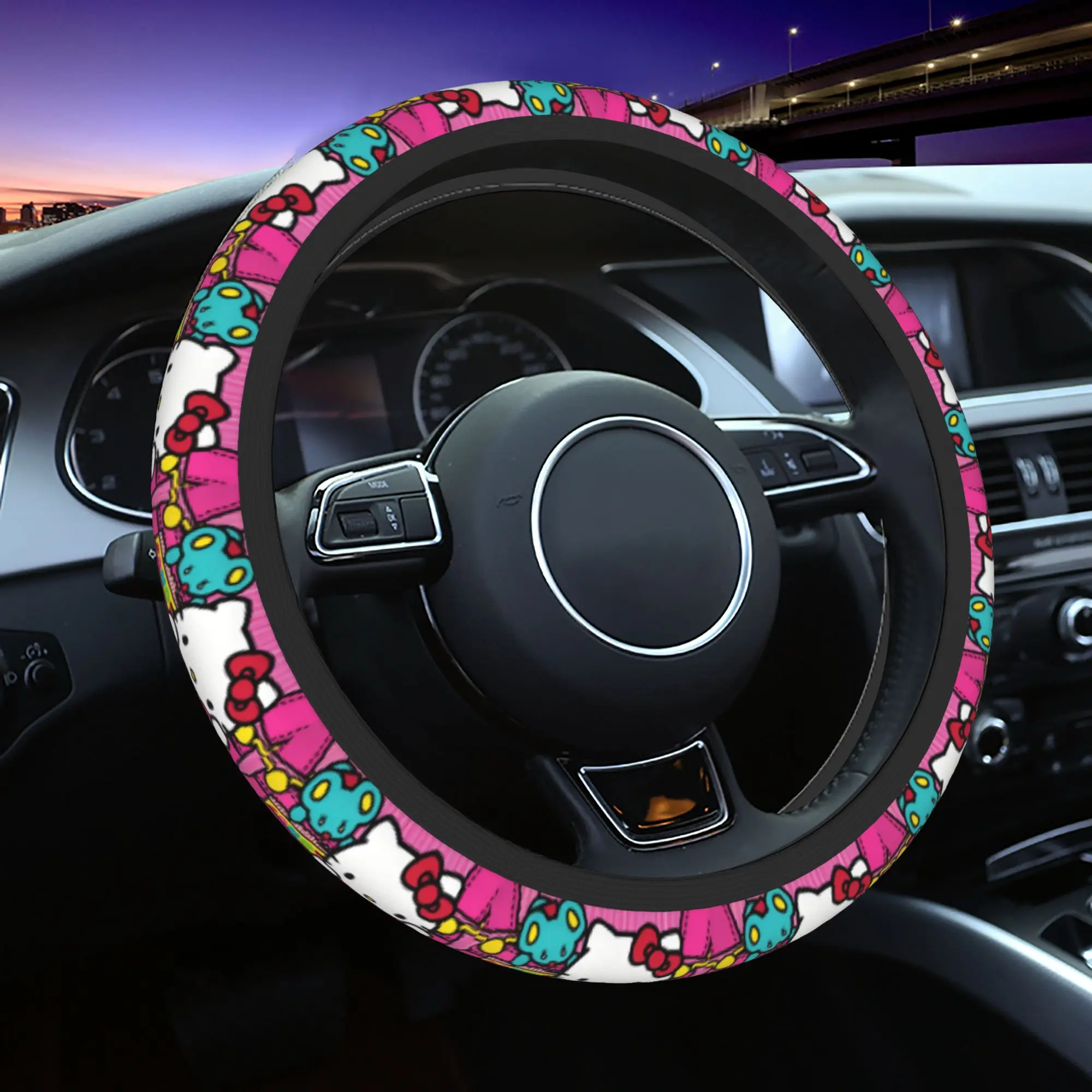 

Чехол на руль 38 см с карманом Hello Kitty, универсальный, плетеный, для автомобиля, аксессуар для стайлинга авто