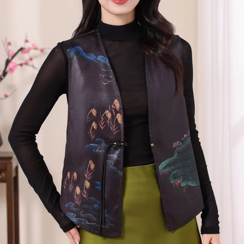 

Женский черный жилет в китайском стиле с принтом, без рукавов, с открытым передом и застежкой на пуговицах-лягушках