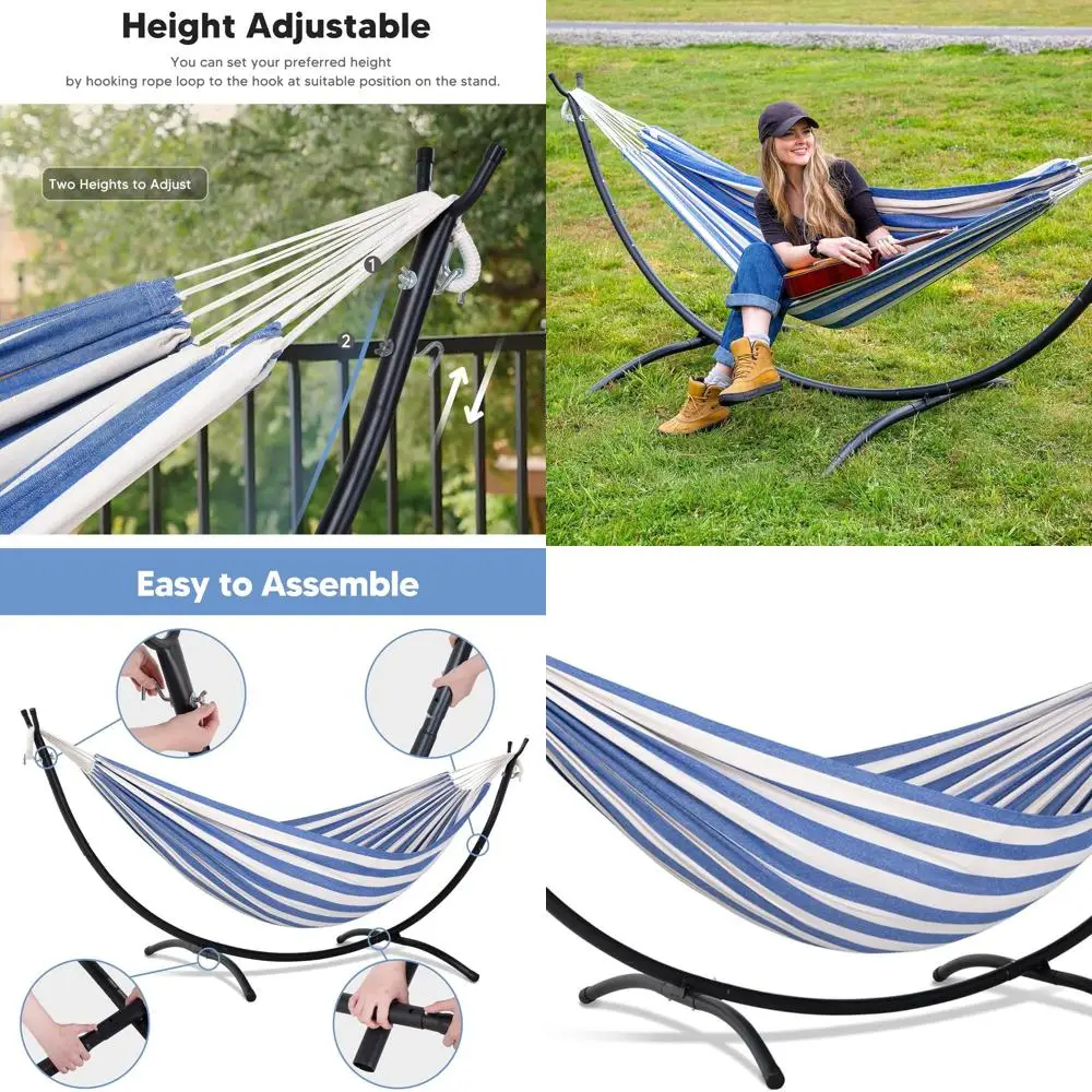 

Гамак для улицы в сине-белую полоску с каркасом, опорой до 475 фунтов.